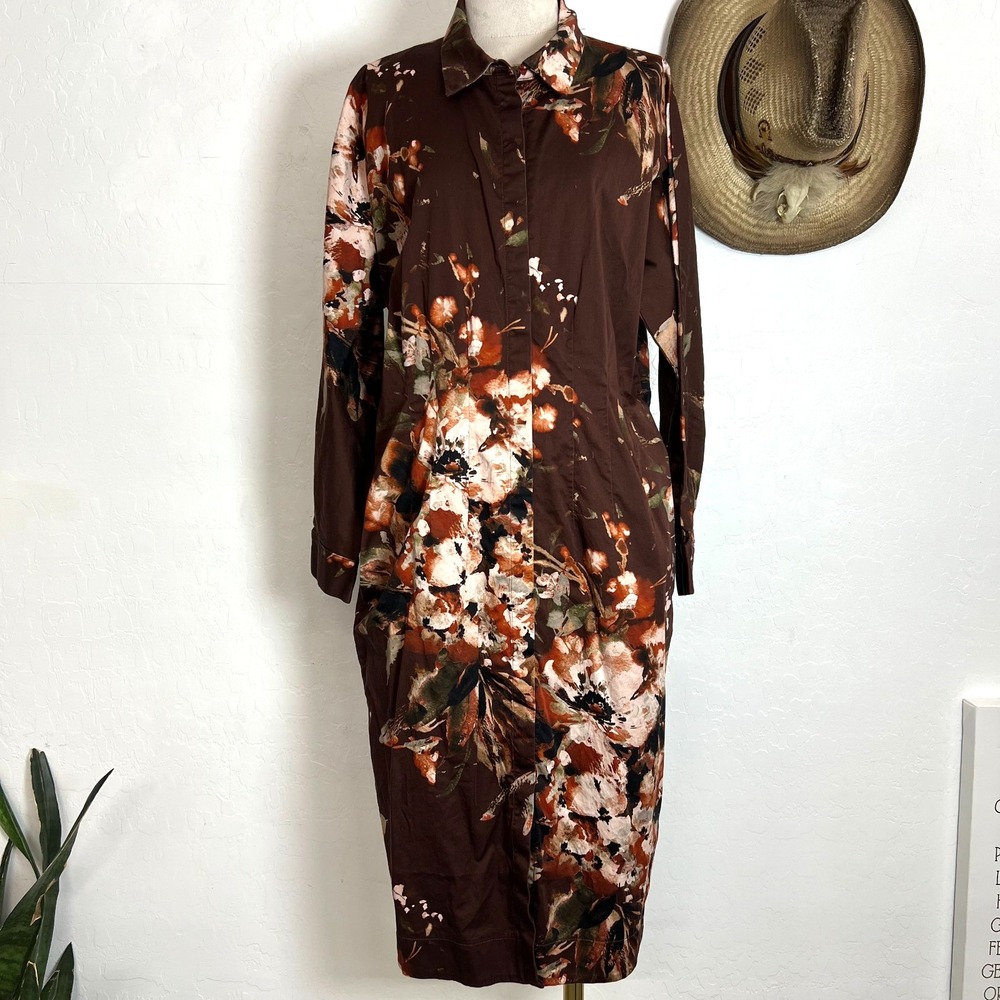 Donna Karan New York Floral Shirtdress 12 Brown Midi Long Sleeve Stretch Pockets